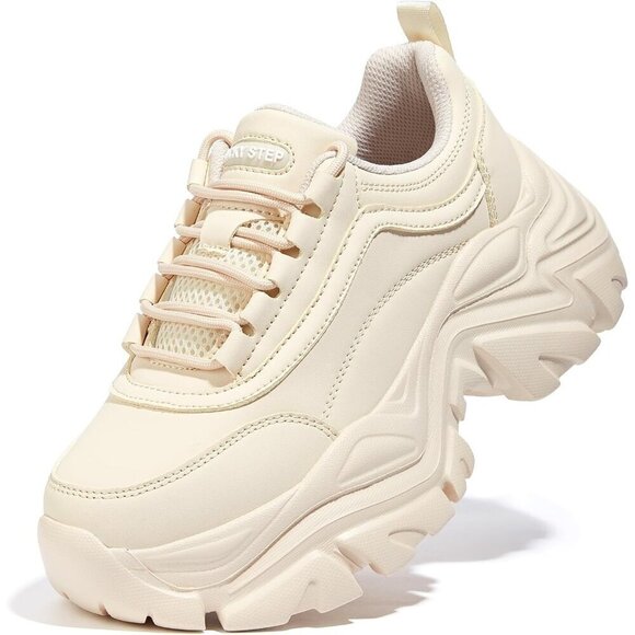 Lucky Step Shoes - Lucky Step Women Beige Rhinestone Lace Up Chunky Dad Casual Walking Sneakers